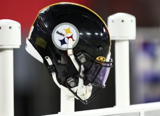 A Pittsburgh Steelers helmet is on the bench during an NFL preseason football game against the Tampa Bay Buccaneers at Raymond James Stadium on August 11, 2023 in Tampa, Florida.