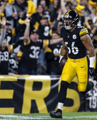 Alex Highsmith #56 of the Pittsburgh Steelers celebrates after scoring a touchdown during the first quarter of the game against the Cleveland Browns at Acrisure Stadium on September 18, 2023 in Pittsburgh, Pennsylvania.