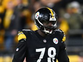 James Daniels #78 of the Pittsburgh Steelers in action during the game against the Cleveland Browns at Acrisure Stadium on September 18, 2023 in Pittsburgh, Pennsylvania.